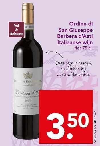 Aanbiedingen Ordine di san giuseppe barbera d`asti italiaanse wijn - Rode wijnen - Geldig van 21/12/2014 tot 26/12/2014 bij Deen Supermarkten