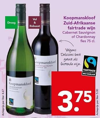 Aanbiedingen Koopmanskloof zuid-afrikaanse fairtrade wijn - Rode wijnen - Geldig van 21/12/2014 tot 26/12/2014 bij Deen Supermarkten