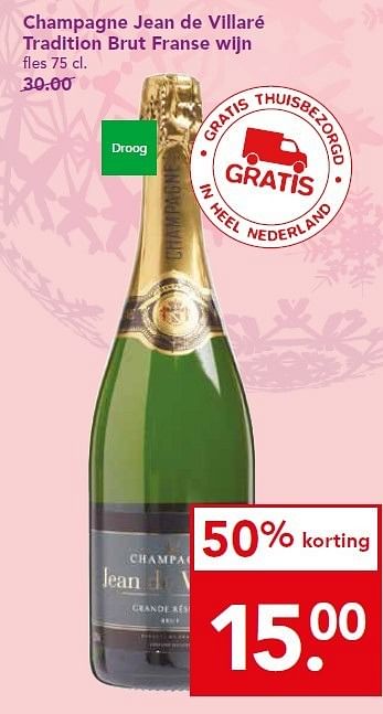 Aanbiedingen Champagne jean de villaré tradition brut franse wijn - Champagne - Geldig van 21/12/2014 tot 26/12/2014 bij Deen Supermarkten