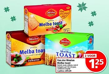 Aanbiedingen Van der meulen melba toast naturel, sesam, volkoren, rond of biologisch - Van der Meulen - Geldig van 21/12/2014 tot 27/12/2014 bij Plus