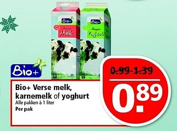 Aanbiedingen Bio+ verse melk, karnemelk of yoghurt - Bio+ - Geldig van 21/12/2014 tot 27/12/2014 bij Plus