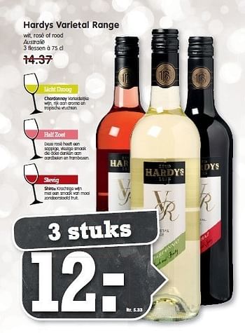 Aanbiedingen Hardys varietal range wit, rosé of rood - Witte wijnen - Geldig van 21/12/2014 tot 27/12/2014 bij Em-té