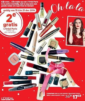 Aanbiedingen L`oréal paris make-up, alle varianten, bijvoorbeeld volume - L'Oreal Paris - Geldig van 15/12/2014 tot 28/12/2014 bij Etos