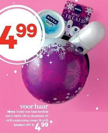 Aanbiedingen Nivea treats voor haar kerstbal met 3 mini`s: roll-on deodorant - Nivea - Geldig van 15/12/2014 tot 28/12/2014 bij Etos