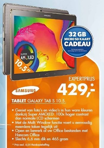 Aanbiedingen Samsung tablet galaxy tab s 10.5 - Samsung - Geldig van 22/12/2014 tot 28/12/2014 bij Expert