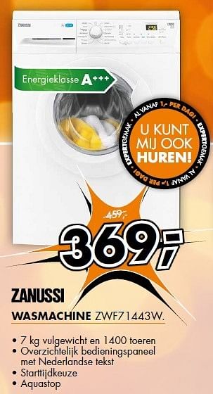 Aanbiedingen Zanussi wasmachine 7 kg vulgewicht en 1400 toeren - Zanussi - Geldig van 22/12/2014 tot 28/12/2014 bij Expert