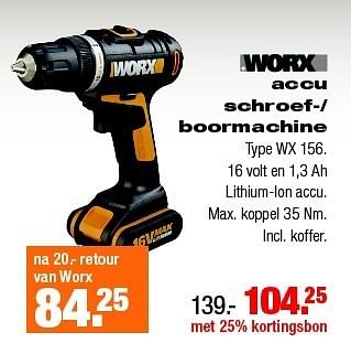 Aanbiedingen Worx accu schroef-- boormachine - Worx - Geldig van 22/12/2014 tot 28/12/2014 bij Praxis