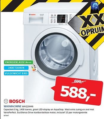 Aanbiedingen Bosch wasmachine capaciteit 8 kg, 1400 toeren, groot led-display en aquastop - Bosch - Geldig van 22/12/2014 tot 28/12/2014 bij De Harense Smid
