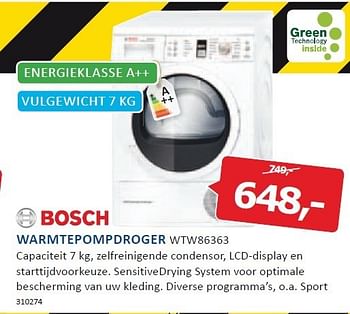 Aanbiedingen Bosch warmtepompdroger capaciteit 7 kg, zelfreinigende condensor - Bosch - Geldig van 22/12/2014 tot 28/12/2014 bij De Harense Smid