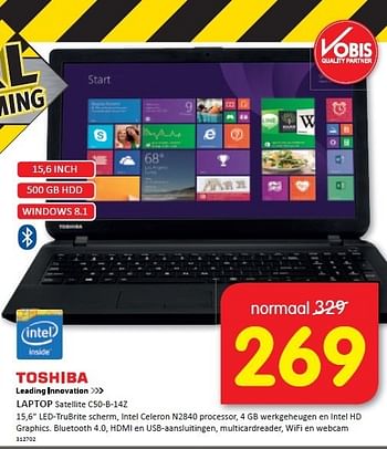 Aanbiedingen Toshiba laptop 15,6 led-trubrite scherm - Toshiba - Geldig van 22/12/2014 tot 28/12/2014 bij It's Electronics