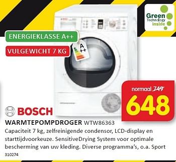 Aanbiedingen Bosch warmtepompdroger capaciteit 7 kg, zelfreinigende condensor - Bosch - Geldig van 22/12/2014 tot 28/12/2014 bij It's Electronics