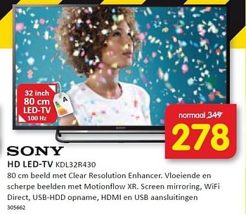 Aanbiedingen Sony hd led-tv 80 cm beeld met clear resolution enhancer - Sony - Geldig van 22/12/2014 tot 28/12/2014 bij It's Electronics
