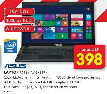 Aanbiedingen Asus laptop 15,6 led-scherm, intel pentium n3530 quad core processor - Asus - Geldig van 22/12/2014 tot 28/12/2014 bij It's Electronics