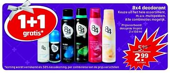 Aanbiedingen 8x4 deodorant keuze uit het hele assortiment - 8x4 - Geldig van 23/12/2014 tot 28/12/2014 bij Trekpleister