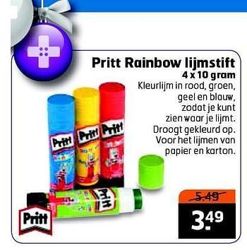 Aanbiedingen Pritt rainbow lijmstift kleurlijm in rood, groen, geel en blauw - Pritt - Geldig van 23/12/2014 tot 28/12/2014 bij Trekpleister