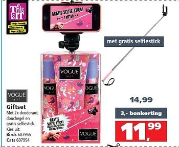 Aanbiedingen Giftset met 2x deodorant, douchegel en gratis selfiestick - Vogue - Geldig van 13/12/2014 tot 31/12/2014 bij Intertoys