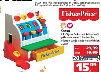 Aanbiedingen Kassa de kassa rinkelt en heeft gekleurde munten - Fisher-Price - Geldig van 13/12/2014 tot 31/12/2014 bij Intertoys