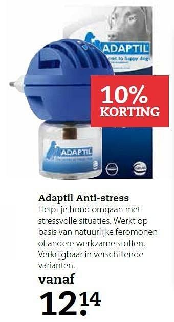 Aanbiedingen Adaptil anti-stress helpt je hond omgaan met stressvolle situaties - Adaptil - Geldig van 15/12/2014 tot 04/01/2015 bij Boerenbond