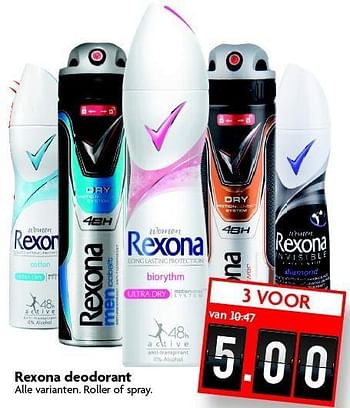 Aanbiedingen Rexona deodorant alle varianten. roller of spray - Rexona - Geldig van 28/12/2014 tot 03/01/2015 bij Deka Markt