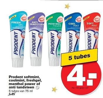 Aanbiedingen Prodent softmint,coolmint,freshgel,menthol power of anti tandsteen - Prodent - Geldig van 27/12/2014 tot 01/01/2015 bij Hoogvliet