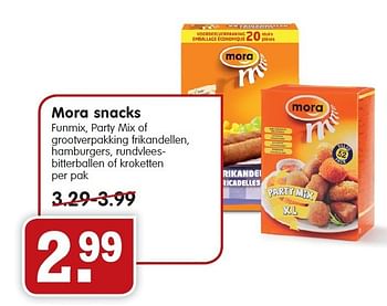 Aanbiedingen Mora snacks funmix, party mix of grootverpakking frikandellen - Mora - Geldig van 28/12/2014 tot 03/01/2015 bij Em-té