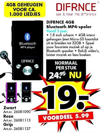 Aanbiedingen Difrnce 4gb bluetooth mp4-speler - Difrnce - Geldig van 27/12/2014 tot 11/01/2015 bij Bart Smit