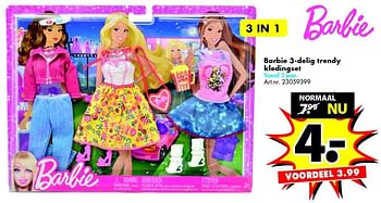Aanbiedingen Barbie 3-delig trendy kledingset - Mattel - Geldig van 27/12/2014 tot 11/01/2015 bij Bart Smit