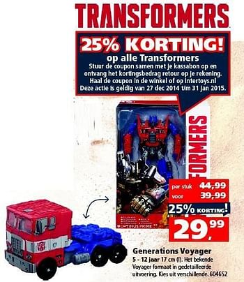 Aanbiedingen Generations voyager het bekende voyager formaat in gedetailleerde - Transformers - Geldig van 27/12/2014 tot 11/01/2015 bij Intertoys