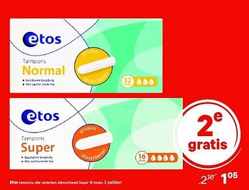 Aanbiedingen Etos tampons, alle varianten, bijvoorbeeld super - Huismerk - Etos - Geldig van 29/12/2014 tot 11/01/2015 bij Etos