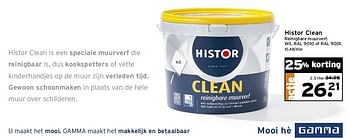 Aanbiedingen Histor clean reinigbare muurverf - Histor - Geldig van 29/12/2014 tot 04/01/2015 bij Gamma