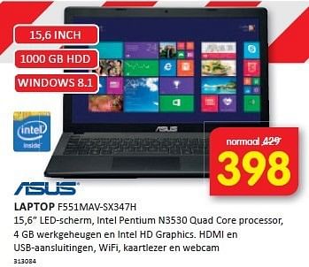 Aanbiedingen Asus laptop 15,6 led-scherm, intel pentium quad core processor - Asus - Geldig van 29/12/2014 tot 04/01/2015 bij It's Electronics