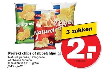 Aanbiedingen Perfekt chips of ribbelchips  naturel, paprika, bolognese of cheese + onion - Perfekt - Geldig van 02/01/2015 tot 06/01/2015 bij Hoogvliet