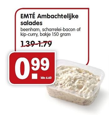 Aanbiedingen Emté ambachtelijke salades beenham, scharrelei-bacon of kip-curry - Huismerk - Em-té - Geldig van 04/01/2015 tot 10/01/2015 bij Em-té
