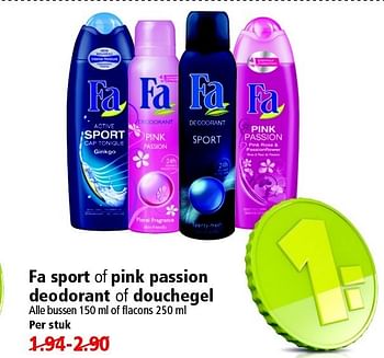 Aanbiedingen Fa sport of pink passion deodorant of douchegel - Fa - Geldig van 04/01/2015 tot 10/01/2015 bij Plus