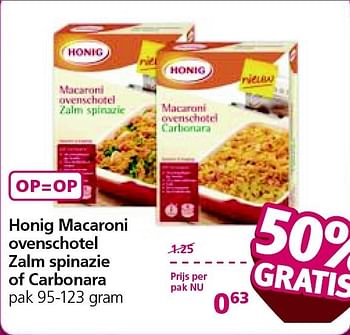 Aanbiedingen Honig macaroni ovenschotel zalm spinazie of carbonara - Honig - Geldig van 05/01/2015 tot 11/01/2015 bij Jan Linders