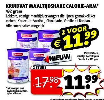 Aanbiedingen Kruidvat maaltijdshake calorie-arm - Huismerk - Kruidvat - Geldig van 06/01/2015 tot 11/01/2015 bij Kruidvat