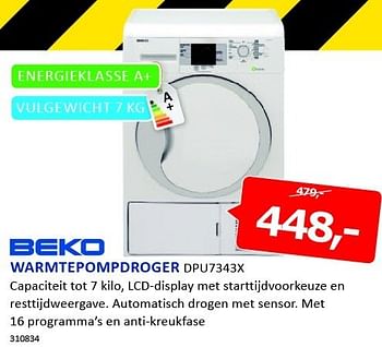 Aanbiedingen Beko warmtepompdroger capaciteit tot 7 kilo - Beko - Geldig van 05/01/2015 tot 11/01/2015 bij De Harense Smid