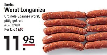 Aanbiedingen Worst longaniza orginele spaanse worst, pittig gekruid - Iberico - Geldig van 05/01/2015 tot 19/01/2015 bij Sligro