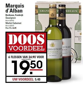 Aanbiedingen Marquis d`alban bordeaux, frankrijk sauvignon - Rode wijnen - Geldig van 05/01/2015 tot 19/01/2015 bij Sligro