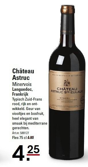Aanbiedingen Château astruc minervois languedoc, frankrijk - Rode wijnen - Geldig van 05/01/2015 tot 19/01/2015 bij Sligro