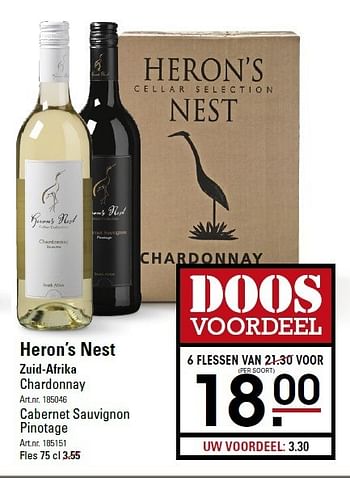 Aanbiedingen Heron`s nest zuid-afrika chardonnay - Witte wijnen - Geldig van 05/01/2015 tot 19/01/2015 bij Sligro