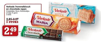 Aanbiedingen Verkade trommelbiscuit en chocolade repen knappertjes, nizza, mariakoekjes of reep - Verkade - Geldig van 11/01/2015 tot 17/01/2015 bij Em-té