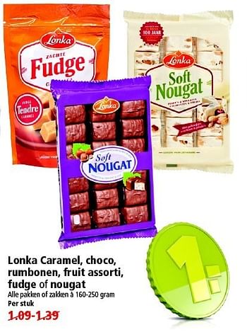 Aanbiedingen Lonka caramel, choco, rumbonen, fruit assorti, fudge of nougat - Lonka - Geldig van 11/01/2015 tot 17/01/2015 bij Plus