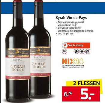 Aanbiedingen Syrah vin de pays franse rode wijn gemaakt van de syrah druif - Rode wijnen - Geldig van 12/01/2015 tot 17/01/2015 bij Lidl