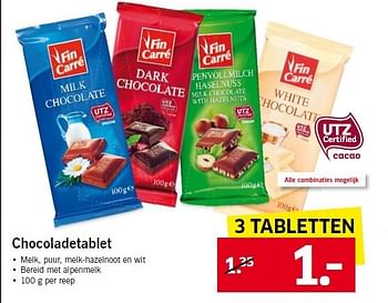 Aanbiedingen Chocoladetablet melk, puur, melk-hazelnoot en wit - Fin Carré - Geldig van 12/01/2015 tot 17/01/2015 bij Lidl