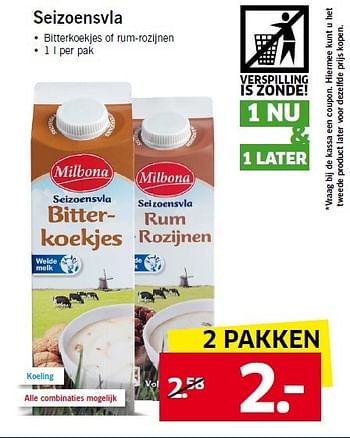 Aanbiedingen Seizoensvla bitterkoekjes of rum-rozijnen - Milbona - Geldig van 12/01/2015 tot 17/01/2015 bij Lidl