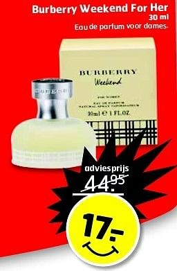 Aanbiedingen Burberry weekend for her eau de parfum voor dames - Burberry - Geldig van 13/01/2015 tot 18/01/2015 bij Trekpleister