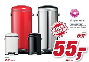 Aanbiedingen Pedaalemmer model retro, verkrijgbaar in zwart - Simplehuman - Geldig van 14/01/2015 tot 27/01/2015 bij Makro