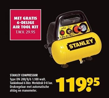 Aanbiedingen Stanley compressor tankinhoud 6 liter. werkdruk 0-8 bar. - Stanley - Geldig van 12/01/2015 tot 01/02/2015 bij Hubo