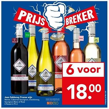 Aanbiedingen Jean sablenay franse wijn merlot, cabernet sauvignon, chardonnay, sauvignon blanc of rosé - Rode wijnen - Geldig van 18/01/2015 tot 24/01/2015 bij Deen Supermarkten